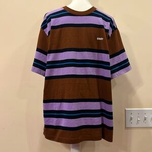 OBEY Worldwide Mens Short Sleeve Crew Neck Striped Tee size Large